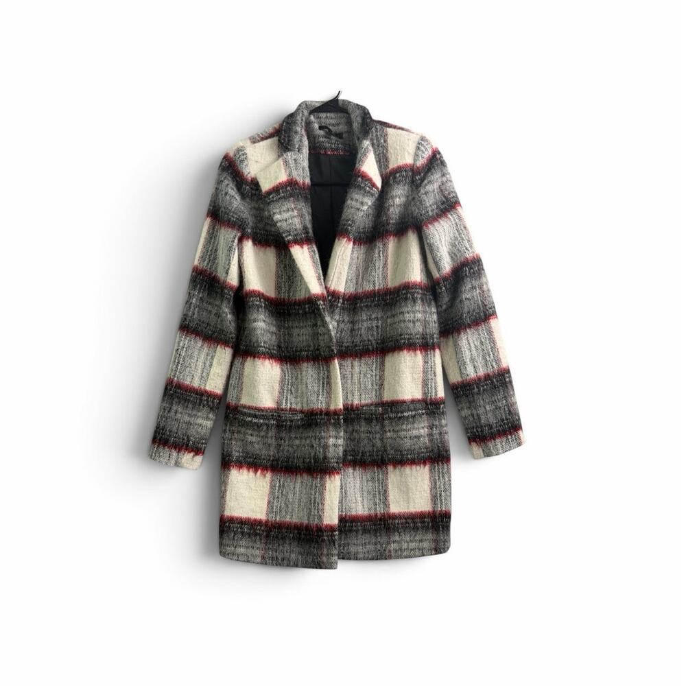 Joe's Jeans Alister Plaid Cream/Charcoal/Red Wool Blend Long Coat - Size XS - Picture 3 of 10